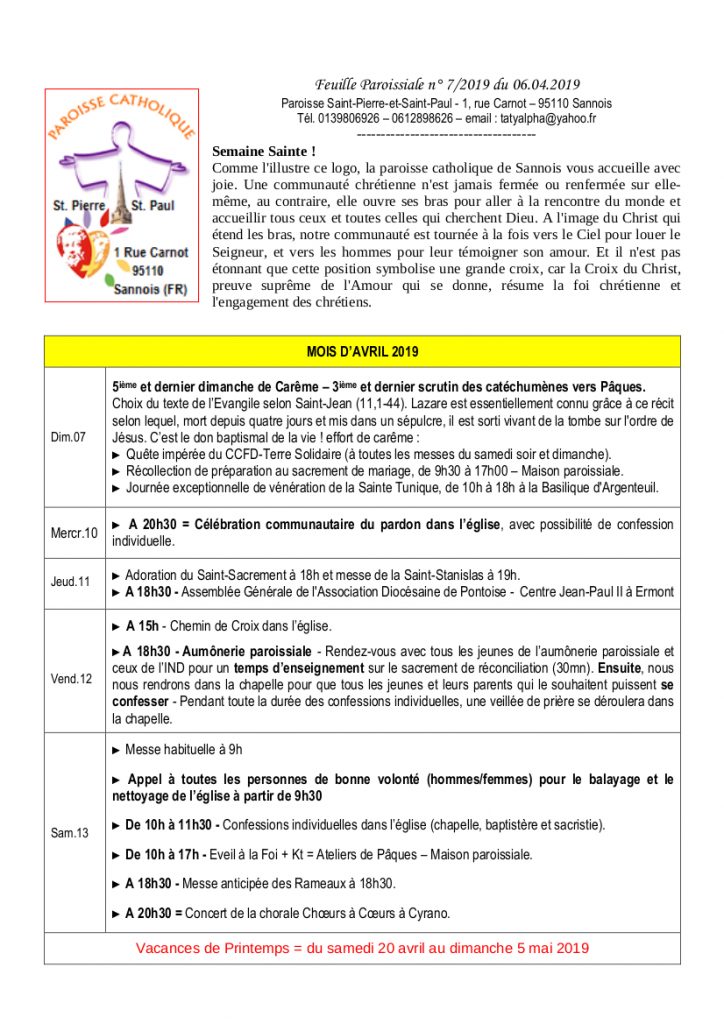 Feuille Paroissiale N0 7 | Paroisse De Sannois