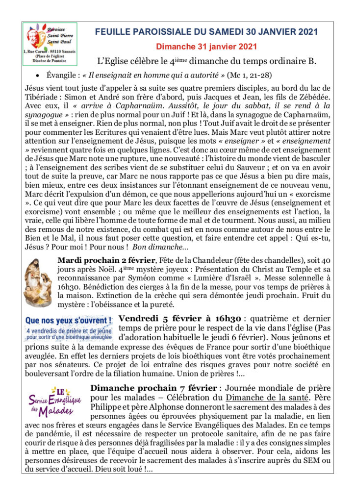 Feuille Paroissiale Du 30 Janvier 2021 | Paroisse De Sannois