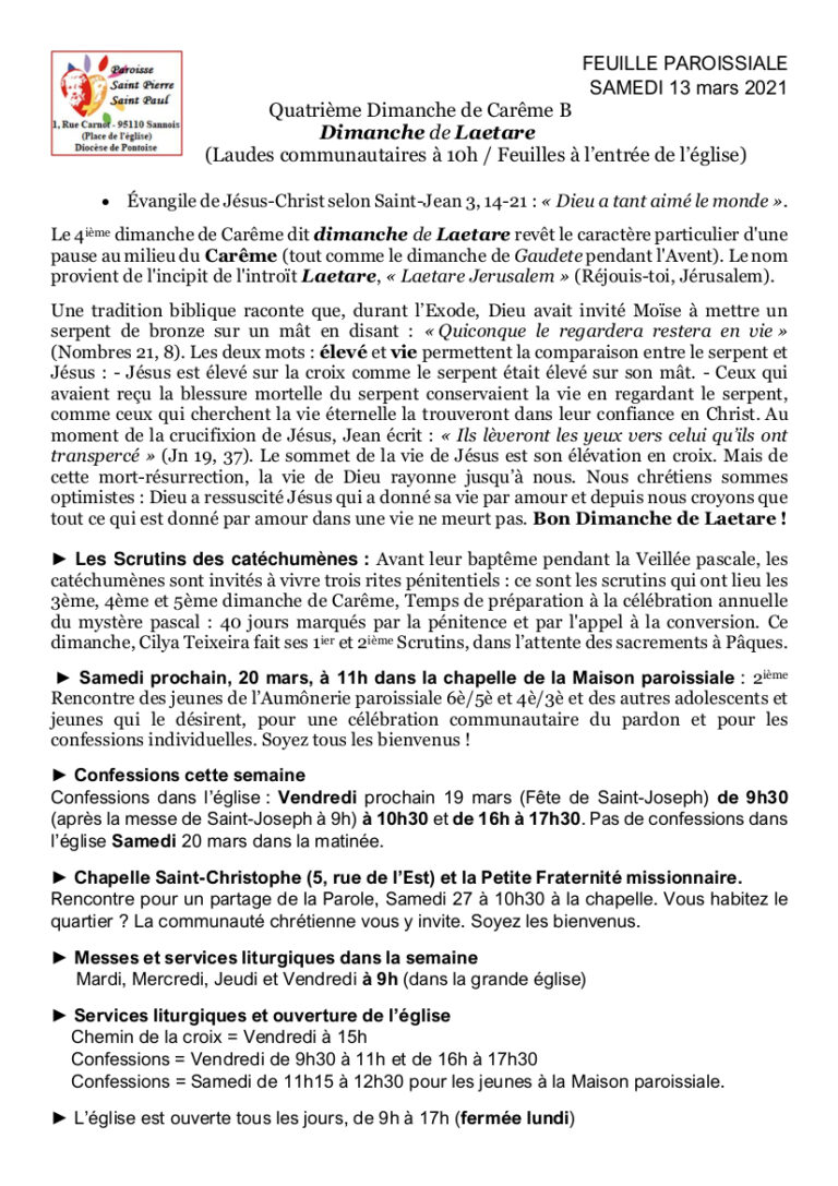 Feuille Paroissiale Du Samedi 13 Mars 2021 | Paroisse De Sannois